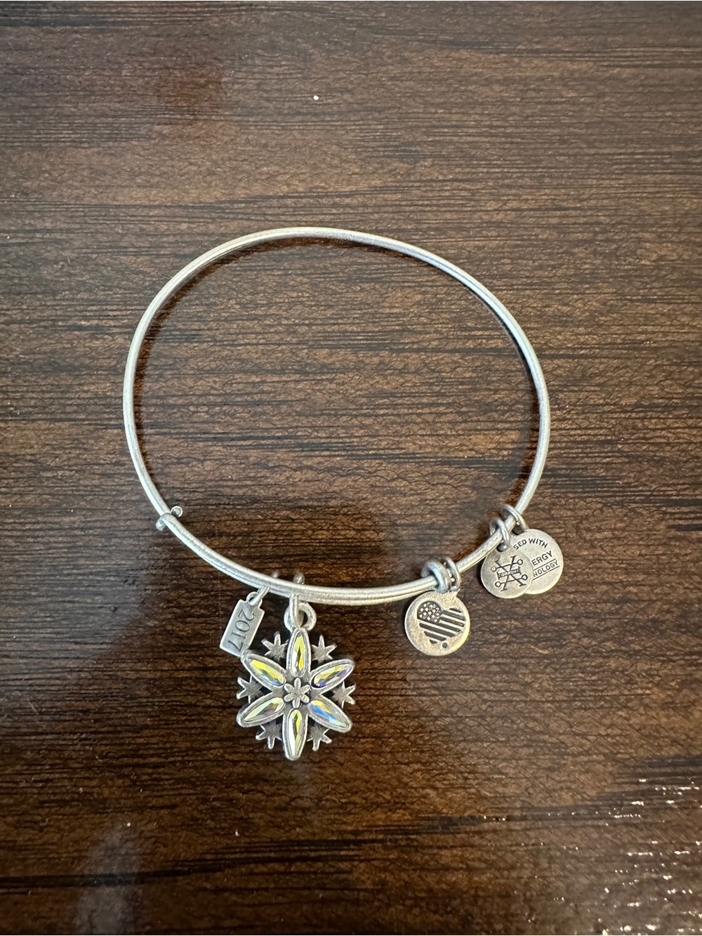 Alex and Ani Silver Snowflake Charm Bangle with White Iridescent Accents
